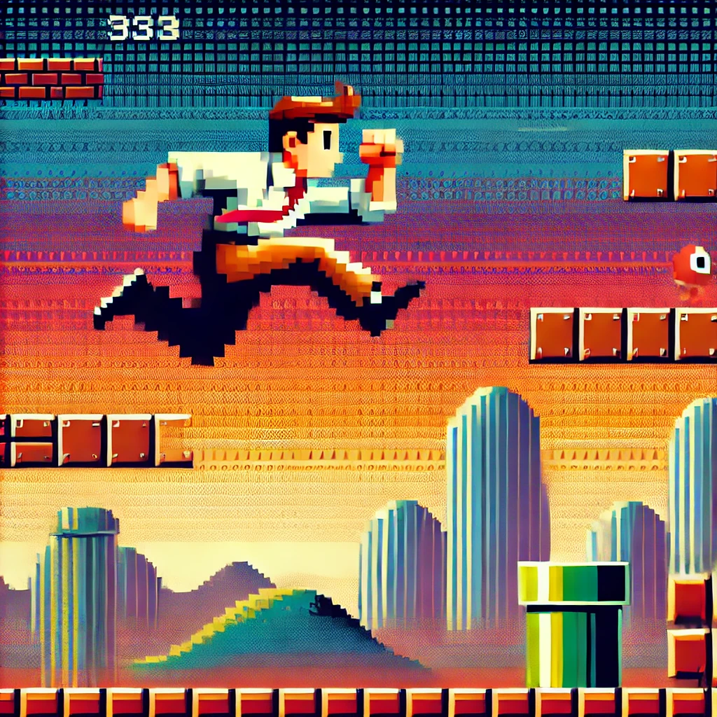 A pixelated character mid-jump in a retro 2D platformer game, leaping over platforms and obstacles with an arc-like trajectory, highlighting realistic jump physics in a colorful, nostalgic environment.